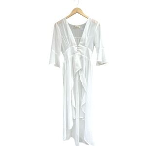 Wishing Waves White Ruffle V Neck Midi‎ Dress Smocked Waist Bell Sleeve Size M